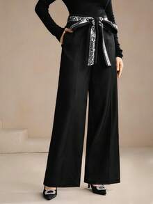 Anewsta Black,Summer,Elegant,Sequin,Party Night Unique 3D Sequins Beaded Wide Waistband Mid-Rise Straight Leg Pants With Pockets,Chic,Christmas,New Year Pants - Black - View 3
