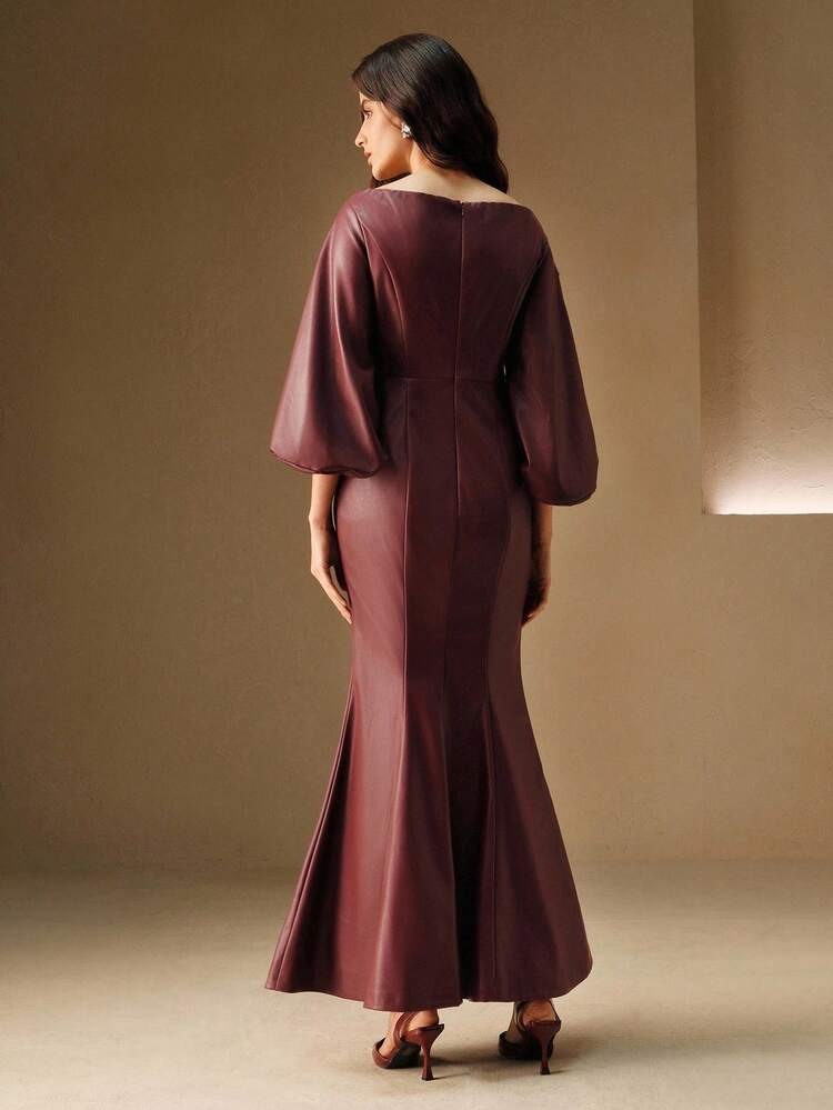 New Shoulder-Exposing Embroidered Faux Leather Long Dress, Suitable For Autumn, Fall, Winter, Going Out, Elegant, Formal, Party, Chic, New Year, Christmas, Work, Graduation, Wedding, Christmas, Burgundy