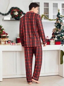 2pcs Christmas Plaid Comfortable Family Matching Pajama Set, Long Sleeve Top And Pants, Button-Up, Suitable For Loungewear And Outerwear, Men, Fall Winter Clothes