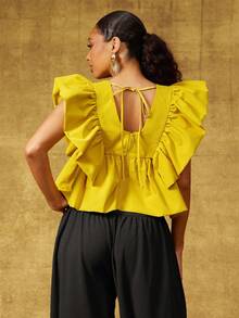Vixey Top con cuello en V de tejido sólido, volantes y mangas abullonadas, bajo con volante - Amarillo - Ver 3