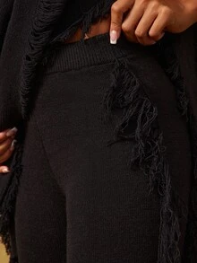 Vixey Black Fringe Detail Solid Knit Wide Leg Pants - Black - View 5