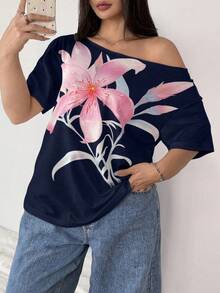 POPSWAY Áo thun tay ngắn in họa tiết hình học rộng rãi, gợi cảm, thoải mái, cỡ lớn dành cho nữ - Nhiều màu - Xem 3