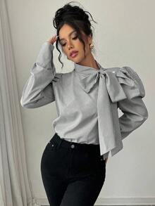 SHEIN PETITE Áo len chui đầu thiết kế tay lỡ thắt nơ sọc, phong cách Pháp thanh lịch tinh tế đa năng cho đi làm, hẹn hò, nhiều dịp, áo cánh dài tay ôm sát - Xám - Xem 6