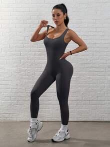 SHEIN Sports 纯色露背紧身无袖连体裤，夏季运动装 - 灰色 - 查看 7