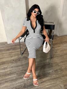 SHEIN SXY 女士休闲简约时尚通勤风格短袖黑白条纹 Polo 衫连衣裙，针织高弹修身中长连衣裙，法式优雅连衣裙 - 黑色 - 查看 6