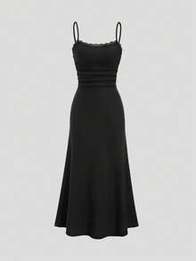 Sweetra 2 件女式休闲街头风格罗纹长袖开衫和修身褶边蕾丝吊带裙套装，黑色，保暖内衬，适合春季、秋季、冬季 - 黑色 - 查看 3