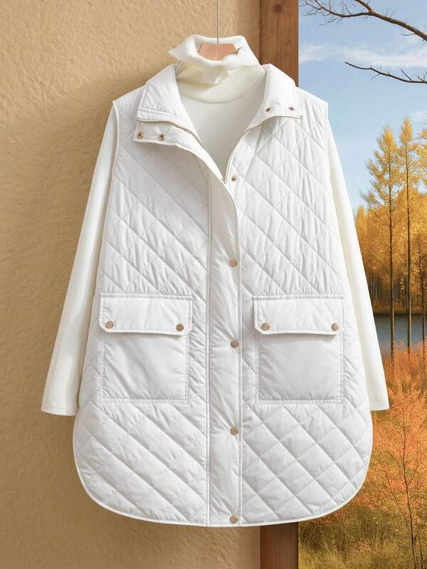 Rusticease Große Größen Geometrisch gesteppter Stehkragen Reißverschluss-Vier-Knopf Patchentaschen Wattierte Jacke für Herbst/Winter