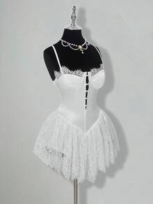 SHEIN ICON 女士蕾丝拼布缎面白色迷你连衣裙 - 白色 - 查看 5