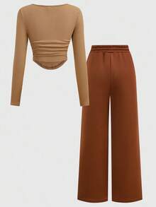 Girlism 青少年女孩返校休闲运动街头服饰棕色两件套，长袖短款褶饰 T 恤和直筒运动裤 - 棕色 - 查看 2