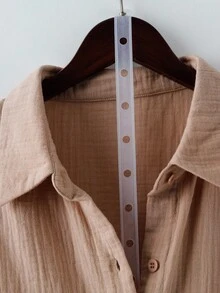 Linhara Áo sơ mi họa tiết tay giữa màu trơn cỡ lớn, cài nút phía trước, thường ngày - màu nâu - Xem 3