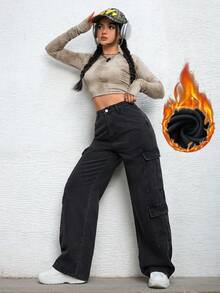 SHEIN EZwear Women's Summer Zipper Fly Flap Pocket Cargo Jeans - Black - View 3