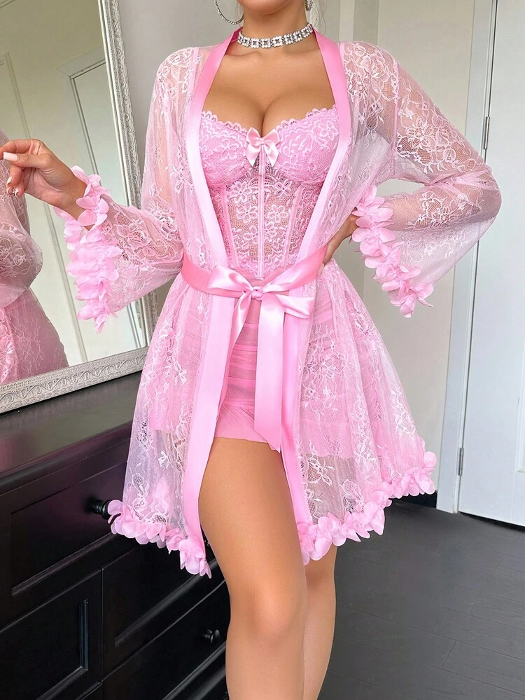 Seduluxe 2pcs Set: 3D Floral Lace Robe + Fishbone Waist Design Lace Camisole Nightgown Pink Lingerie Dress Lingerie Robe Set Sheer Robe Mesh Robe - Pink - View 1