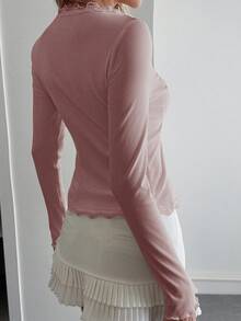 DAZY 女士蕾丝荷叶边修身开衫长袖上衣 - 粉色 - 查看 2