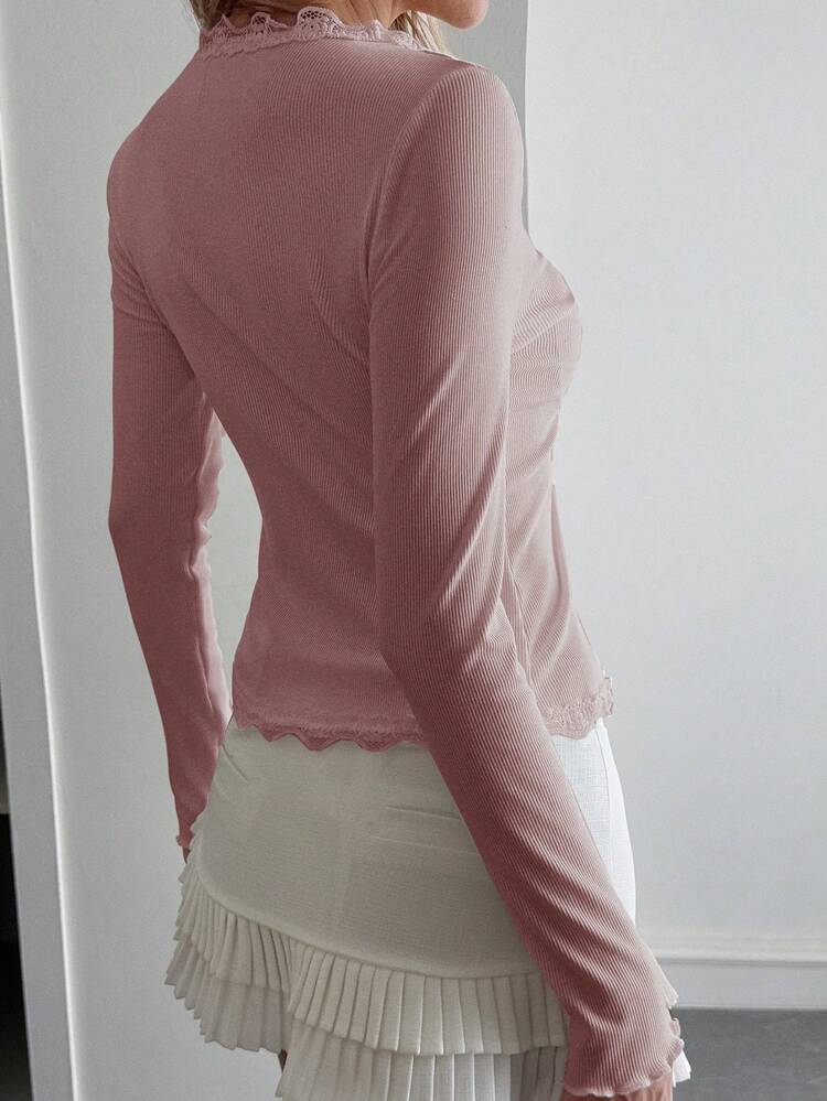 Women's Lace Frill Trim Fitted Cardigan Long Sleeve Top