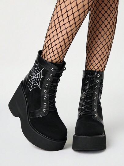 Grunge Punk Women's Chunky Heel Short Boots, Gothic Punk Style Spider Web Embroidery Lace-Up With Back Zipper, Black High Heel Platform Motorcycle Ankle Boots