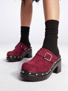 Sugerpunk 女士厚底纯酒红色扣饰高跟鞋，适合夏季 Y2K 朋克时尚街头运动哥特风格、春假复活节 - 酒紅色 - 查看 2
