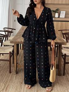 Weeklong Bộ 2 món áo sơ mi tay dài in hình trái tim buộc dây phía trước và quần ống rộng thời trang dành cho nữ cỡ lớn - Nhiều màu - Xem 6