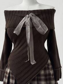 Flirla 复古可爱粗针织不对称下摆露肩蝴蝶结套头毛衣，秋冬棕色衬衫，哥特式上衣，巧克力棕色上衣，深棕色上衣，复古秋季 - 棕色 - 查看 5