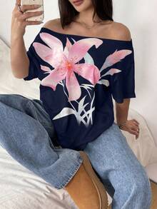 POPSWAY Áo thun tay ngắn in họa tiết hình học rộng rãi, gợi cảm, thoải mái, cỡ lớn dành cho nữ - Nhiều màu - Xem 1