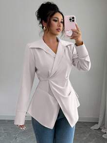 Elenzga Áo sơ mi dài tay bó eo màu trơn thanh lịch dành cho nữ, mùa thu - Màu be - Xem 4