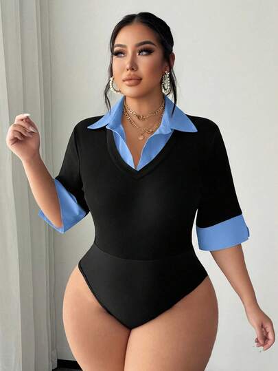 SHEIN SXY 大码女式春夏性感优雅简约通勤黑白撞色衬衫领二合一紧身衣，适合日常穿着、商务、简约、通勤、优雅、休闲、购物、街头服饰、外出，易于搭配且看起来修身，突出您的身材，修饰身材