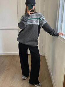 DAZY 女式撞色复古提花宽松圆领长袖休闲街头风格针织毛衣，秋冬 - 灰色 - 查看 3