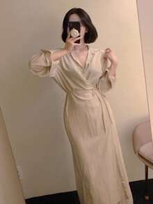 女式翻领系带宽松长袖衬衫，驼色，春夏 - 駝色 - 查看 3