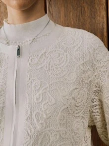 EMERY ROSE 女式秋季蕾丝领拉链棒球夹克 - 米色 - 查看 1