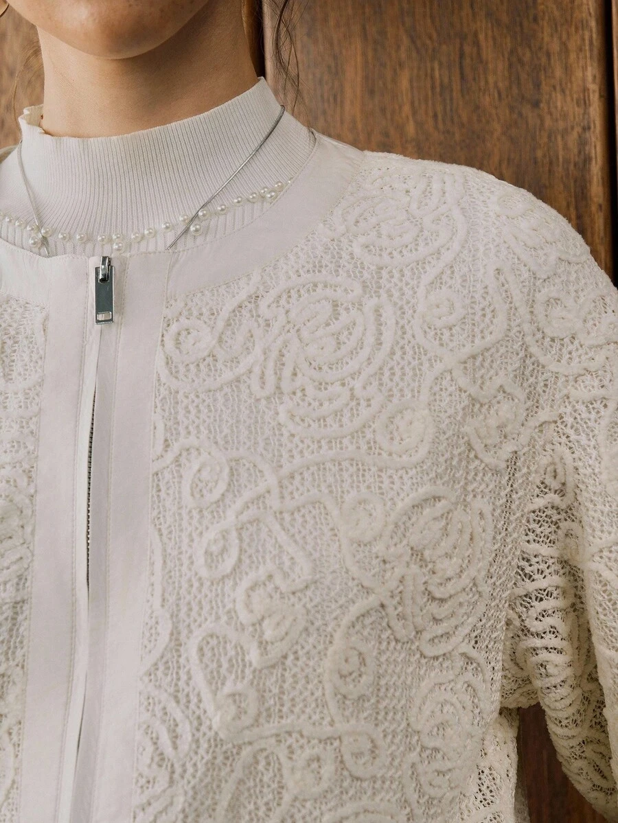 EMERY ROSE 女式秋季蕾丝领拉链棒球夹克 - 米色 - 查看 1