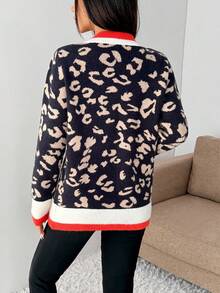 EMERY ROSE Áo len họa tiết da báo cổ chữ V phối màu đơn giản dành cho nữ, Thu/Đông - Xanh đậm - Xem 2