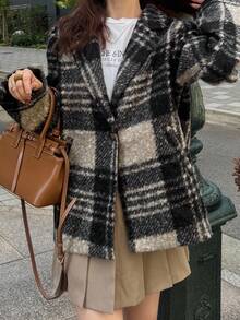 FRIFUL 女士格子翻领宽松休闲西装外套商务装 - 黑色 - 查看 5