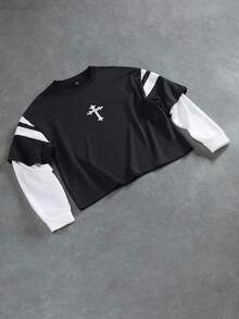 Manfinity Roghcode Manfinity Streetrush Casual Loose Fit Crew Neck Long Sleeve Pullover Sweatshirt For Men Cropped Long Sleeve Men Jersey Cropped Sweatshirt, For Fall - Black and White - View 3
