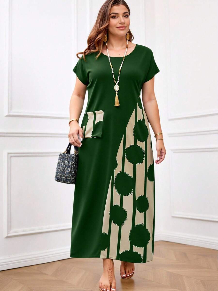 EMERY ROSE Plus Size Contrast Color Printed Patchwork Long Vacation Casual Dress,Spring Outfits For Women,Tropical Vacation Woman Clothes