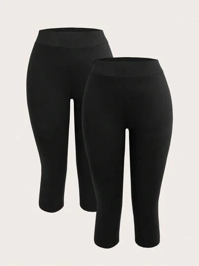 SHEIN EZwear 2pcs Women's Black 7/8 Length Skinny Casual Leggings, Suitable For Summer Capris For Women Set Biker Shorts Women Set Curve Capris Capris Capris Two Piece Set