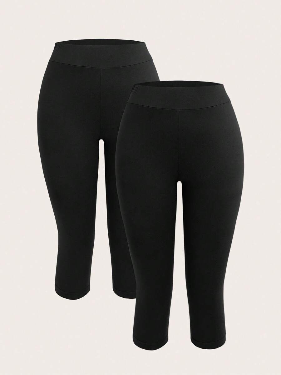 SHEIN EZwear 2条装女士黑色七分紧身休闲打底裤，适合夏季穿着 - 黑色 - 查看 1