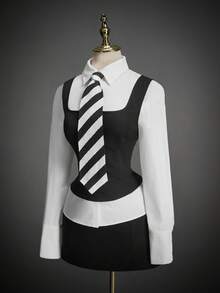 SHEIN ICON 女士万圣节星期三亚当斯服装套装裙套装 - 黑與白 - 查看 6