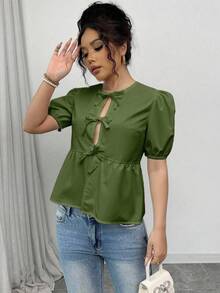 Rafferiza 女款泡泡袖上衣、女款襯衫、蝴蝶結肩帶 - 軍綠色 - 查看 5