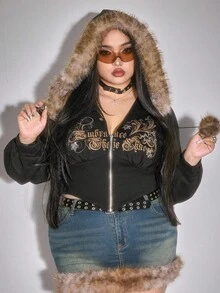 ROMWE Goth Black Graphic Y2K Subculture Retro Fitted Leopard Print Hooded Sweatshirt, Vintage Vine Print Rhinestone Embellished Plus Size Sweatshirt/Winter - Black - View 6