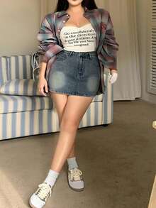 Dazy Plus 春夏破洞牛仔裹身安全短裤裙 - 中等水洗藍 - 查看 4