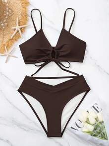 Swim Basics 夏季海滩女士纯色褶皱前结饰文胸和泳裤两件套比基尼泳装 - 咖啡棕 - 查看 1