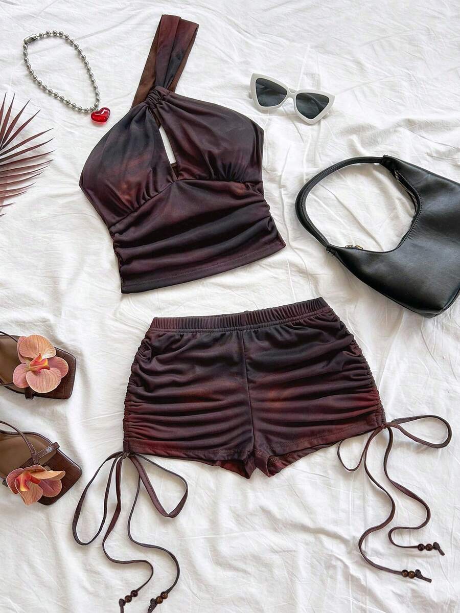 Soleia 女士时尚休闲渐变色背心和褶皱短裤两件套 - 棕色 - 查看 1