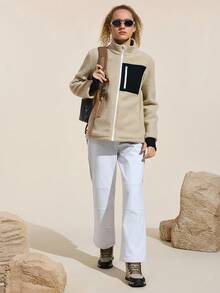 Exploreva Chaqueta de forro polar con cremallera, cuello alto y bloques de color, para uso casual, diario y deportivo de mujer, para otoño/invierno - Albaricoque - Ver 4