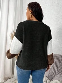 SHEIN LUNE Plush Warm Color Block Crew Neck Plus Size Sweatshirt Fall Sweater Winter Tops For Women Pullover For Women Brown Sweater Women Sweater - Coffee Brown - View 2