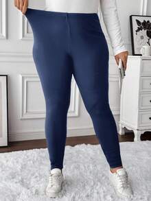 SHEIN LUNE 加大码女式纯色修身保暖内衬打底裤女式短款打底裤女式可爱下装女式弹力短裤/冬季 - 藍色 - 查看 4
