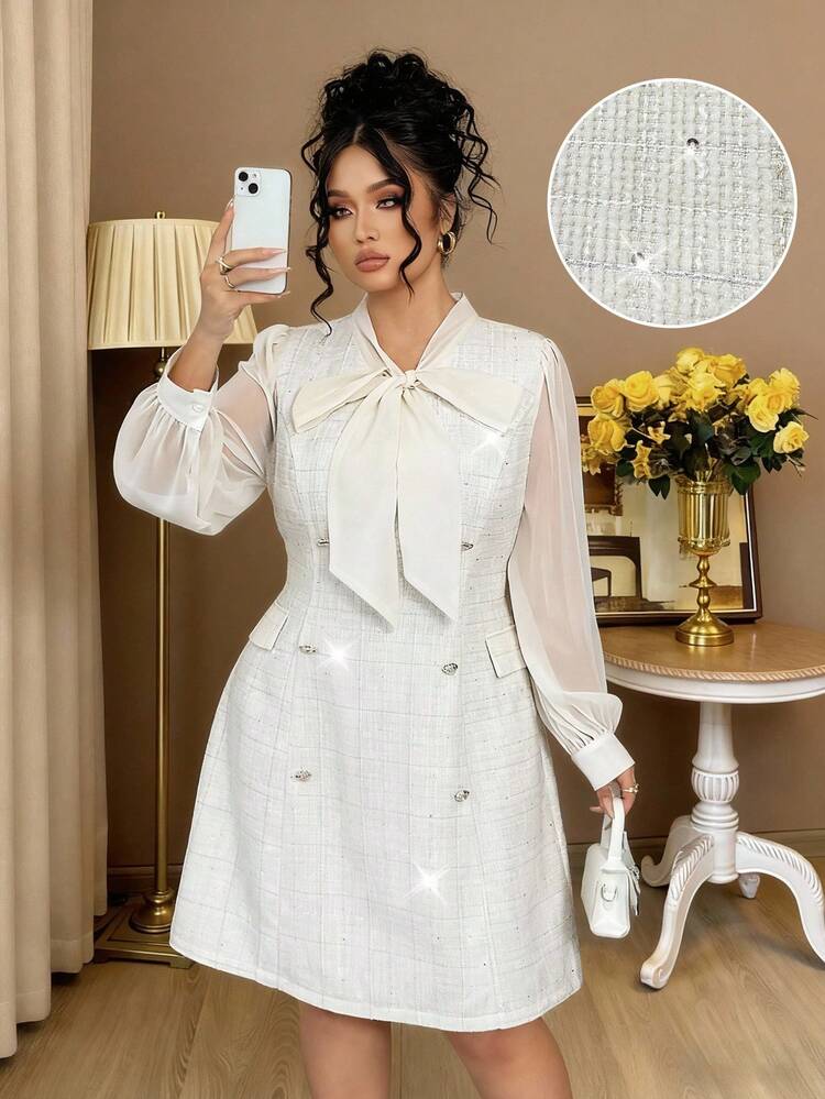 Elenzga Plus Size Elegant Formal Party Date Bowknot Front Button Fitted Short Woven Dress - Apricot - View 1