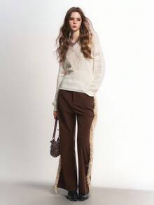 Bloopia Retro Bohemian Chic Casual Personalized Minimalist V-Neck Drop Shoulder Hollow Knit Sweater For Women, Autumn/Winter, Halloween Design