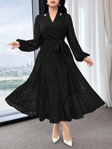 Feyla Women's Blue Chiffon Cutout Jacquard Elegant Flared Dress