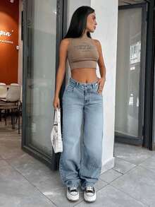 EURMUSE 100%纯棉高腰复古水洗直筒牛仔裤 - 淺色水洗藍 - 查看 7