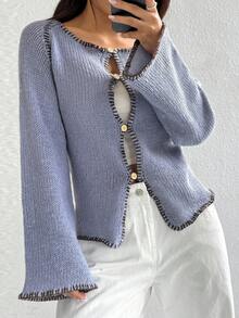 Flirla Casual Minimalist Versatile Button-Up Long Sleeve Women Cardigans - Grey - View 3