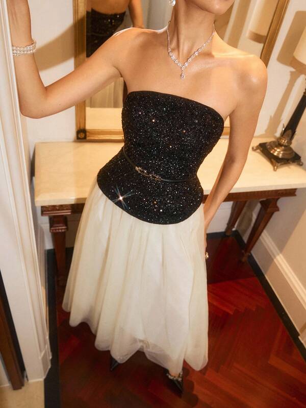 Poéselle 黑白撞色抹胸套装，配腰带，女士闪亮束身胸衣和薄纱中长裙套装 – 无肩带亮片胸衣两件套晚礼服，亮片束身胸衣，女士奢华晚礼服裙，薄纱裙套装，两件套晚礼服，节日派对礼服，新年穿搭灵感，芭蕾风，正式晚宴礼服，无肩带胸衣，黑白套装，时尚，万圣节服装，女士亮片抹胸上衣和网纱裙优雅两件套，适合派对场合，秋冬季